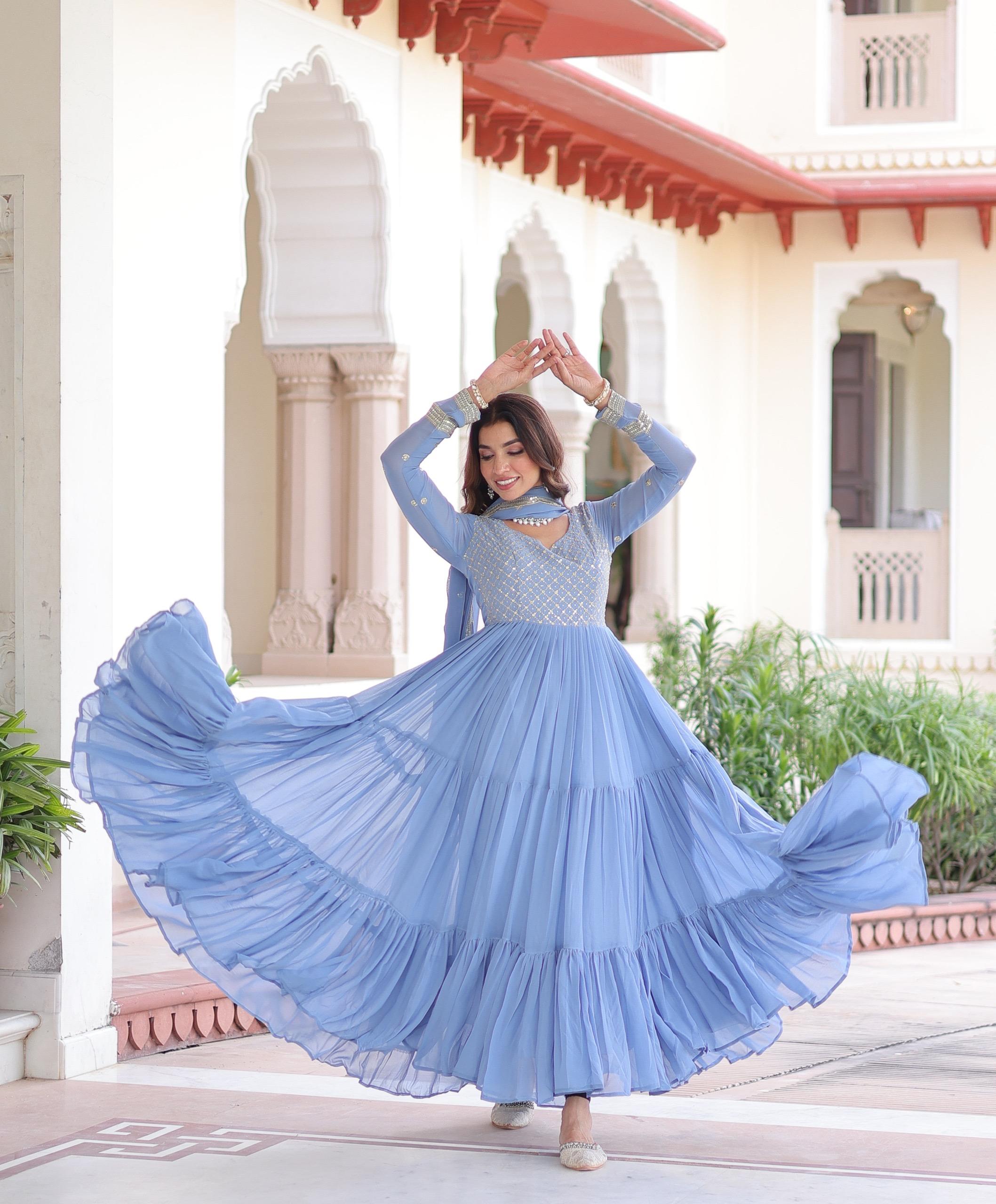 Sequins Zari Embroidered Faux Georgette Gown with Cut-Work Dupatta