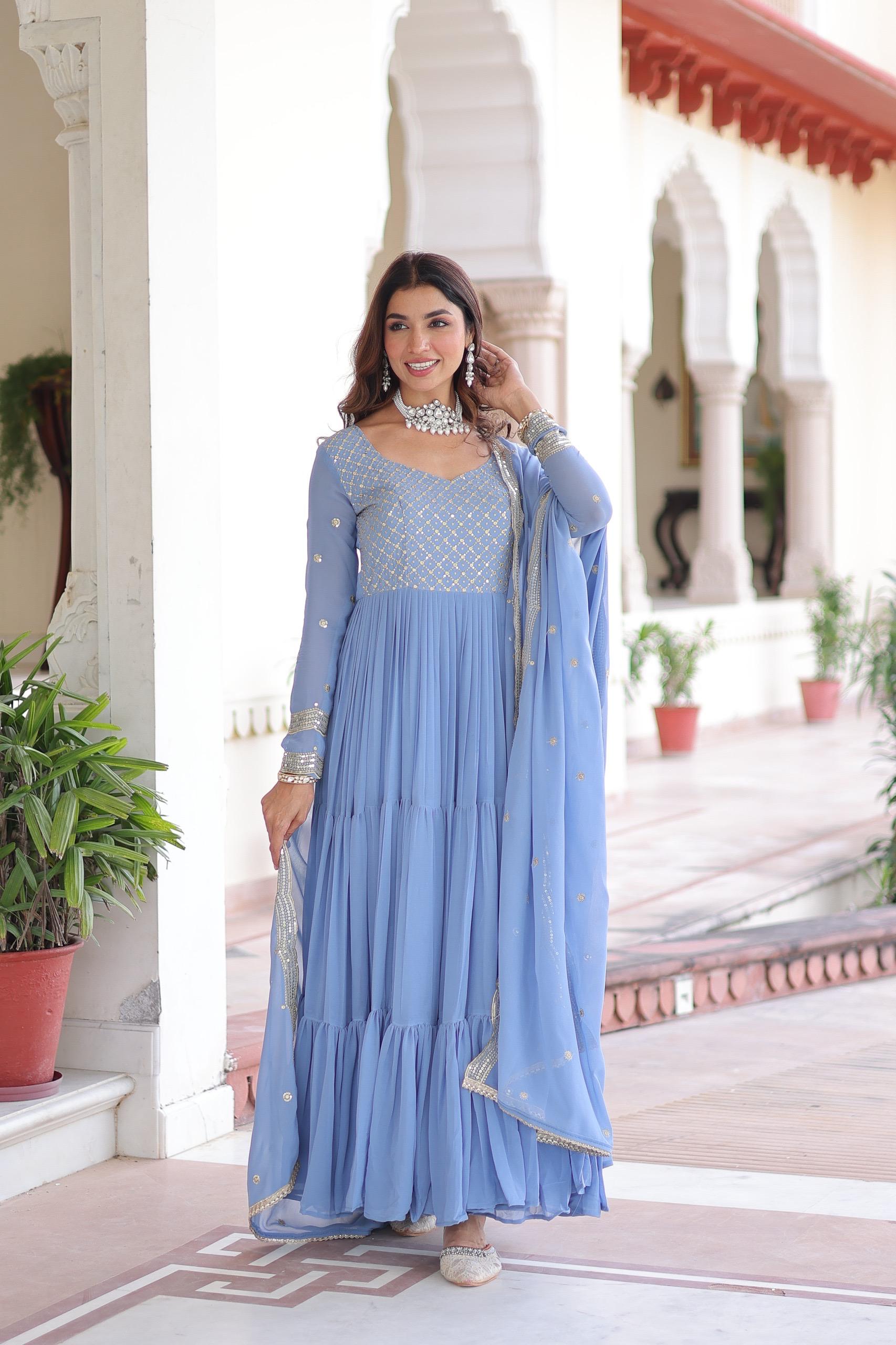 Sequins Zari Embroidered Faux Georgette Gown with Cut-Work Dupatta