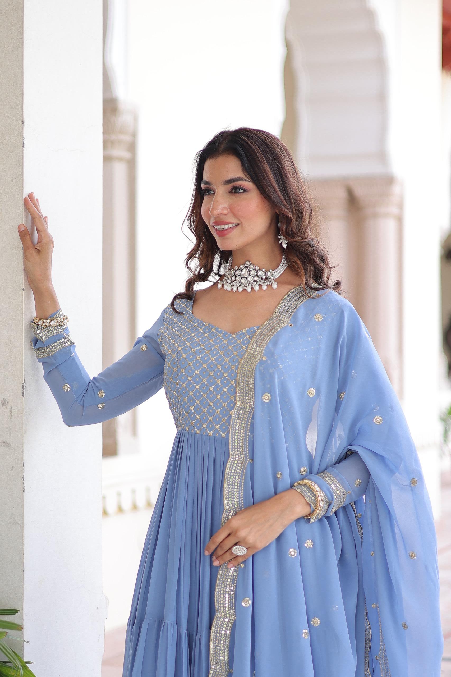 Sequins Zari Embroidered Faux Georgette Gown with Cut-Work Dupatta