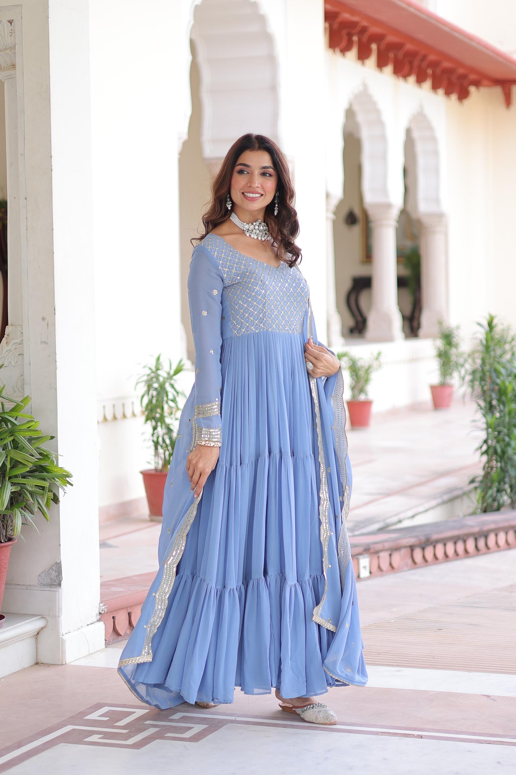 Sequins Zari Embroidered Faux Georgette Gown with Cut-Work Dupatta