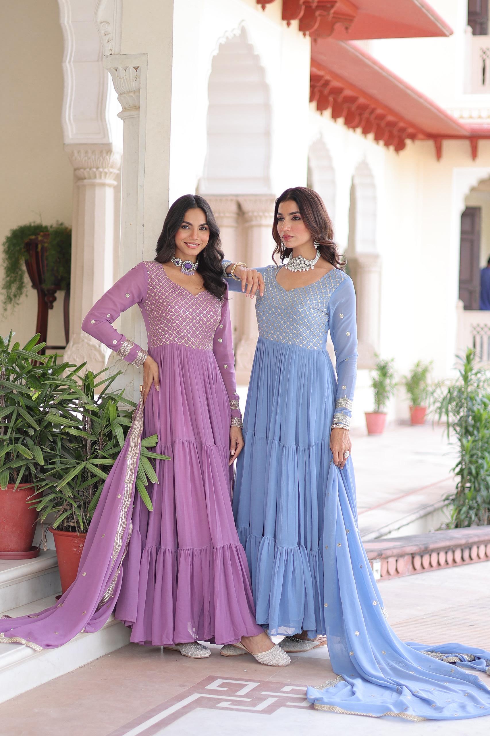 Sequins Zari Embroidered Faux Georgette Gown with Cut-Work Dupatta