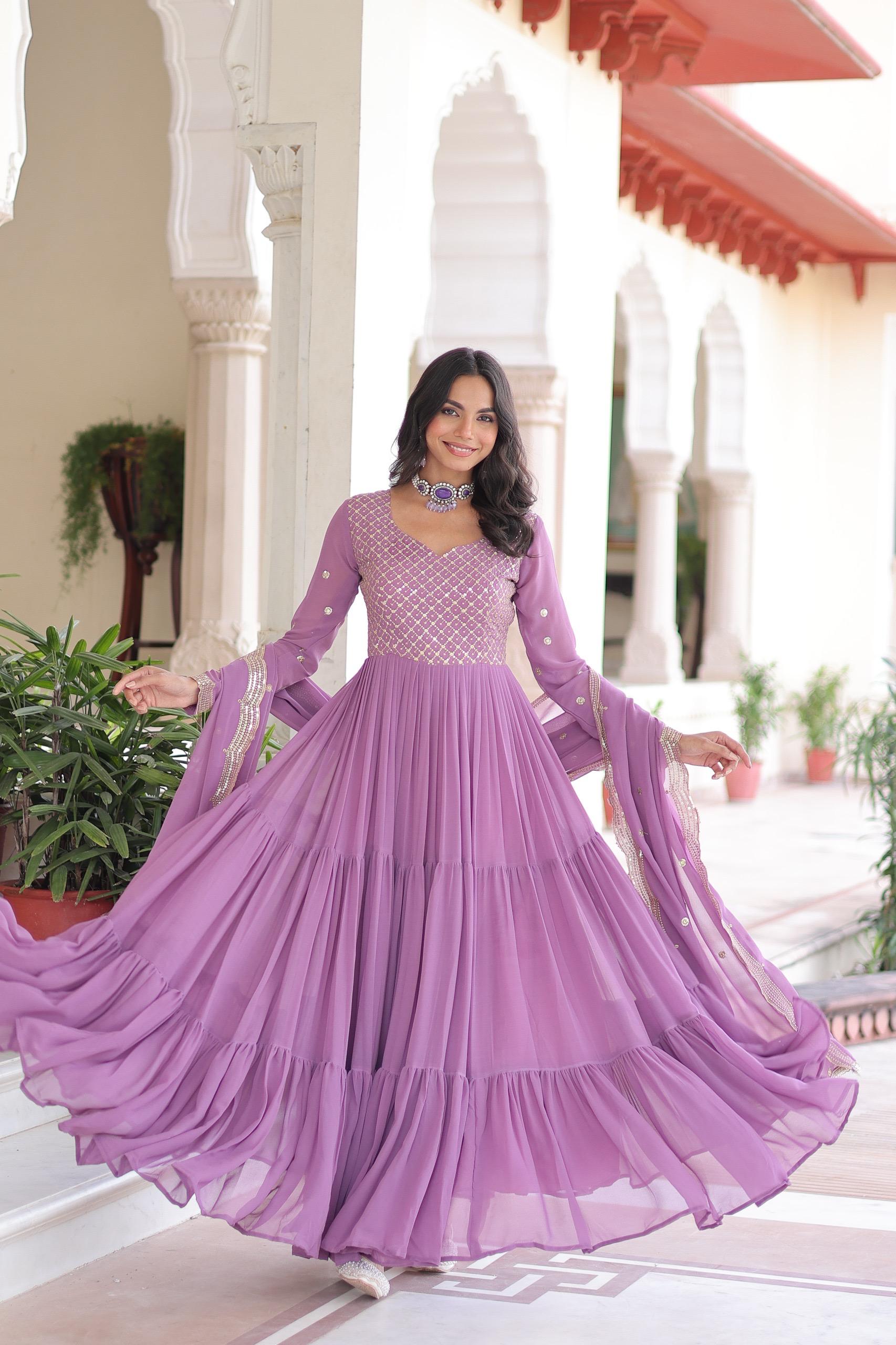 Sequins Zari Embroidered Faux Georgette Gown with Cut-Work Dupatta