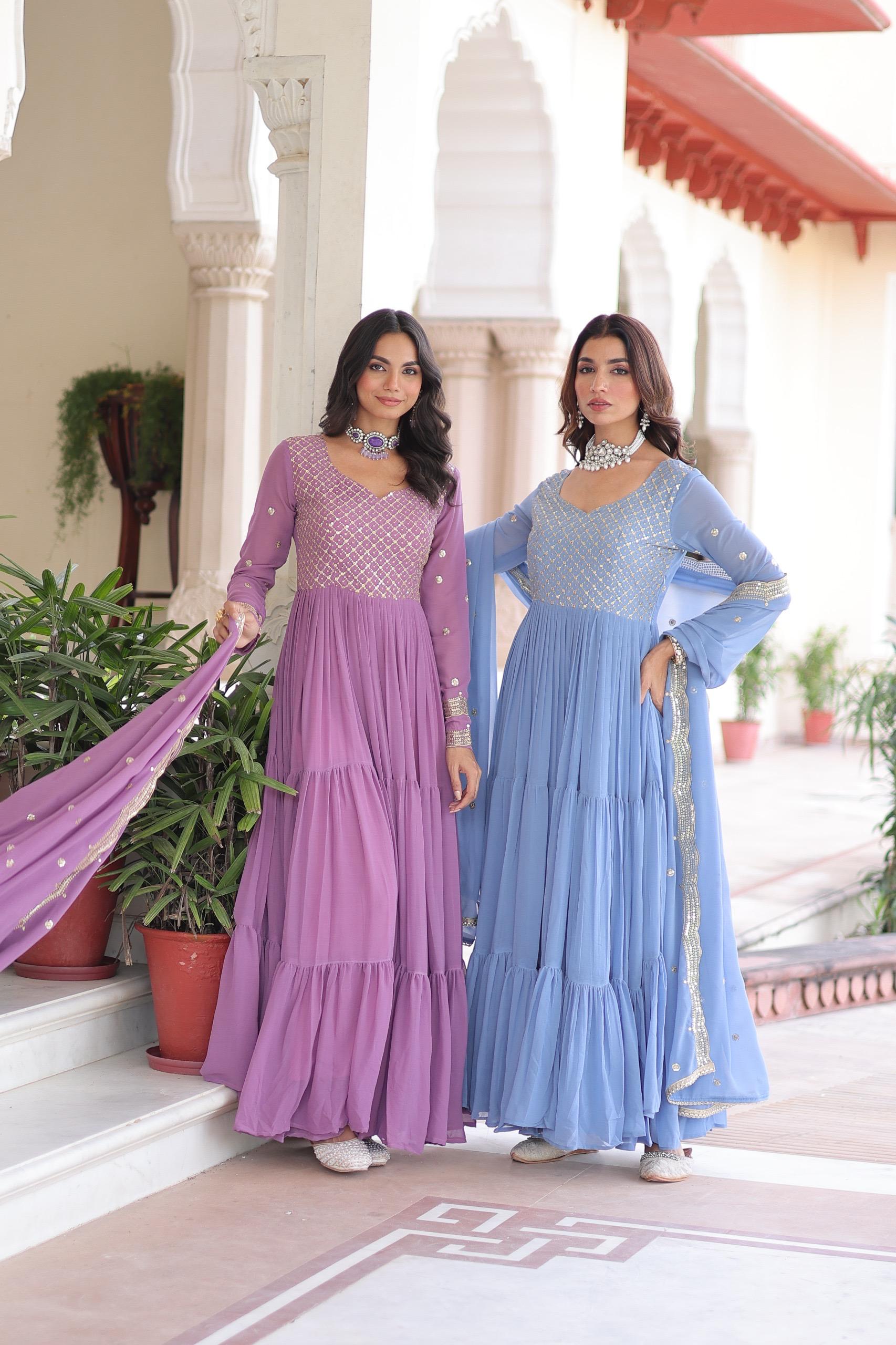 Sequins Zari Embroidered Faux Georgette Gown with Cut-Work Dupatta