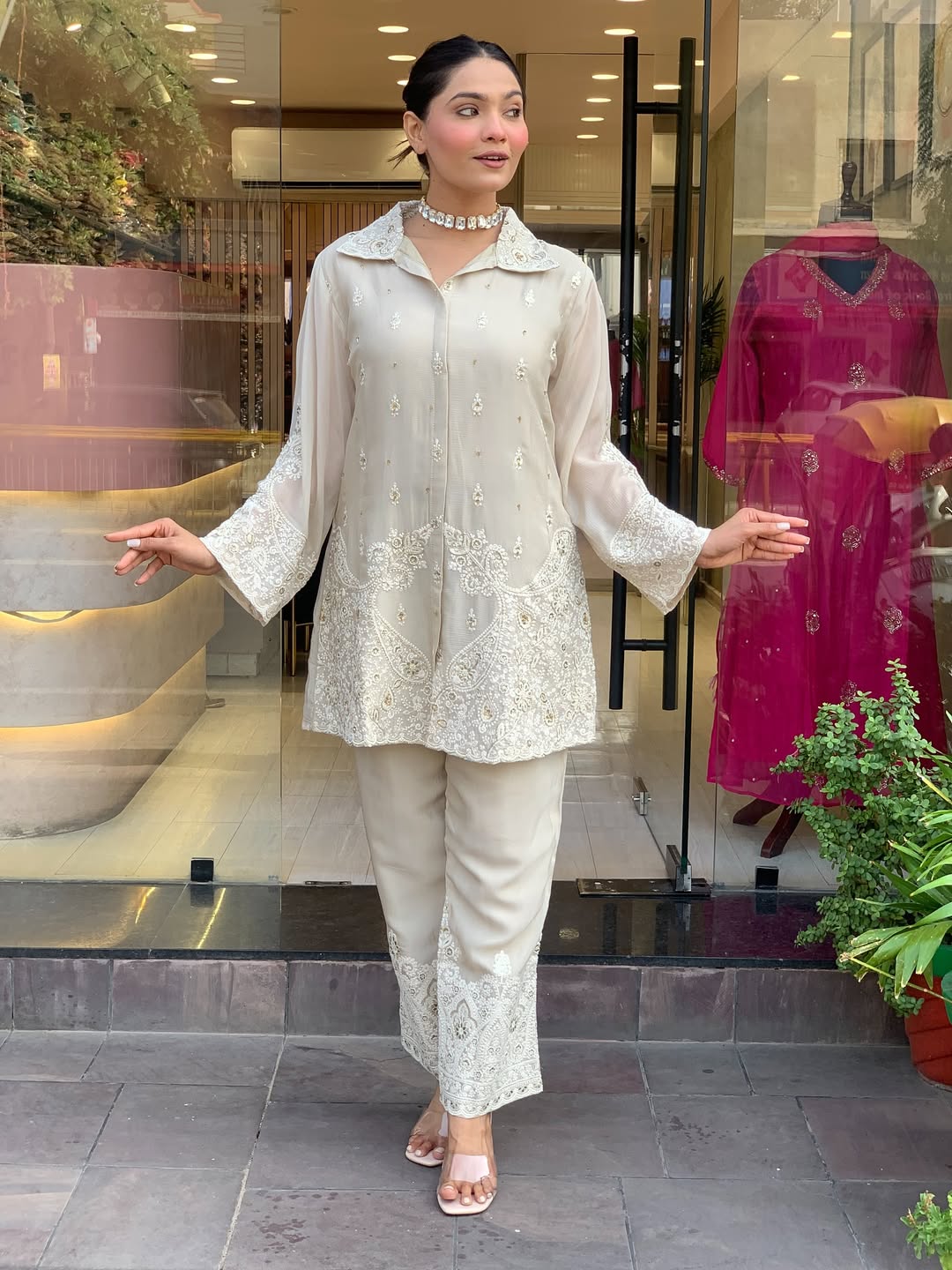 Ivory Embroidered Premium Chanderi Silk Co-Ord Set