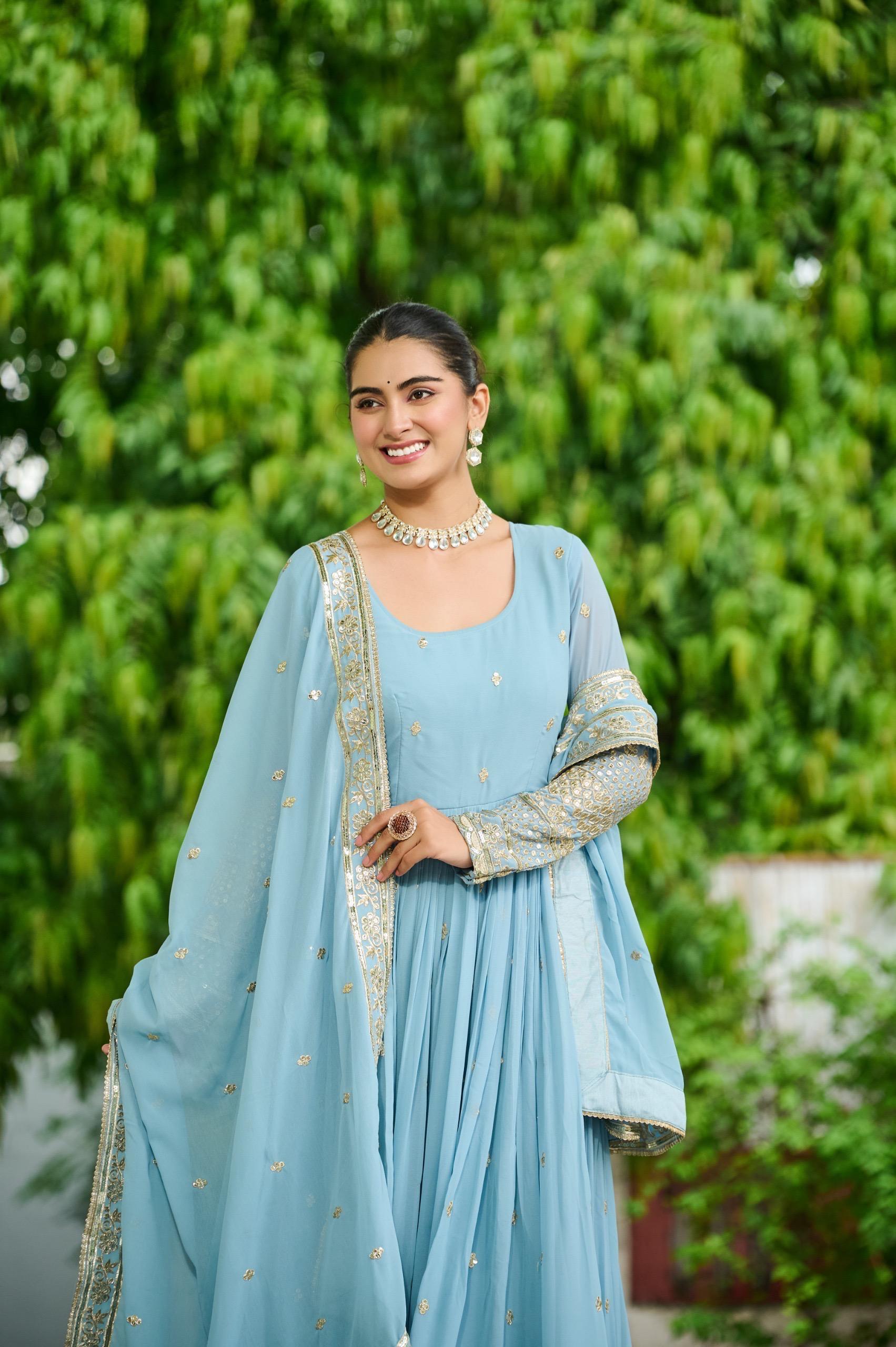Pastel Royale Faux Georgette Embroidered Gown Set
