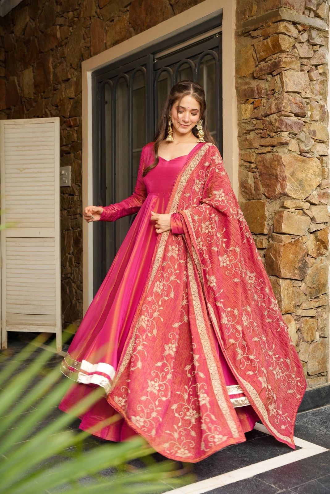 Rosewood Roman Shimmer Silk Embroidered Gown Palazzo Set