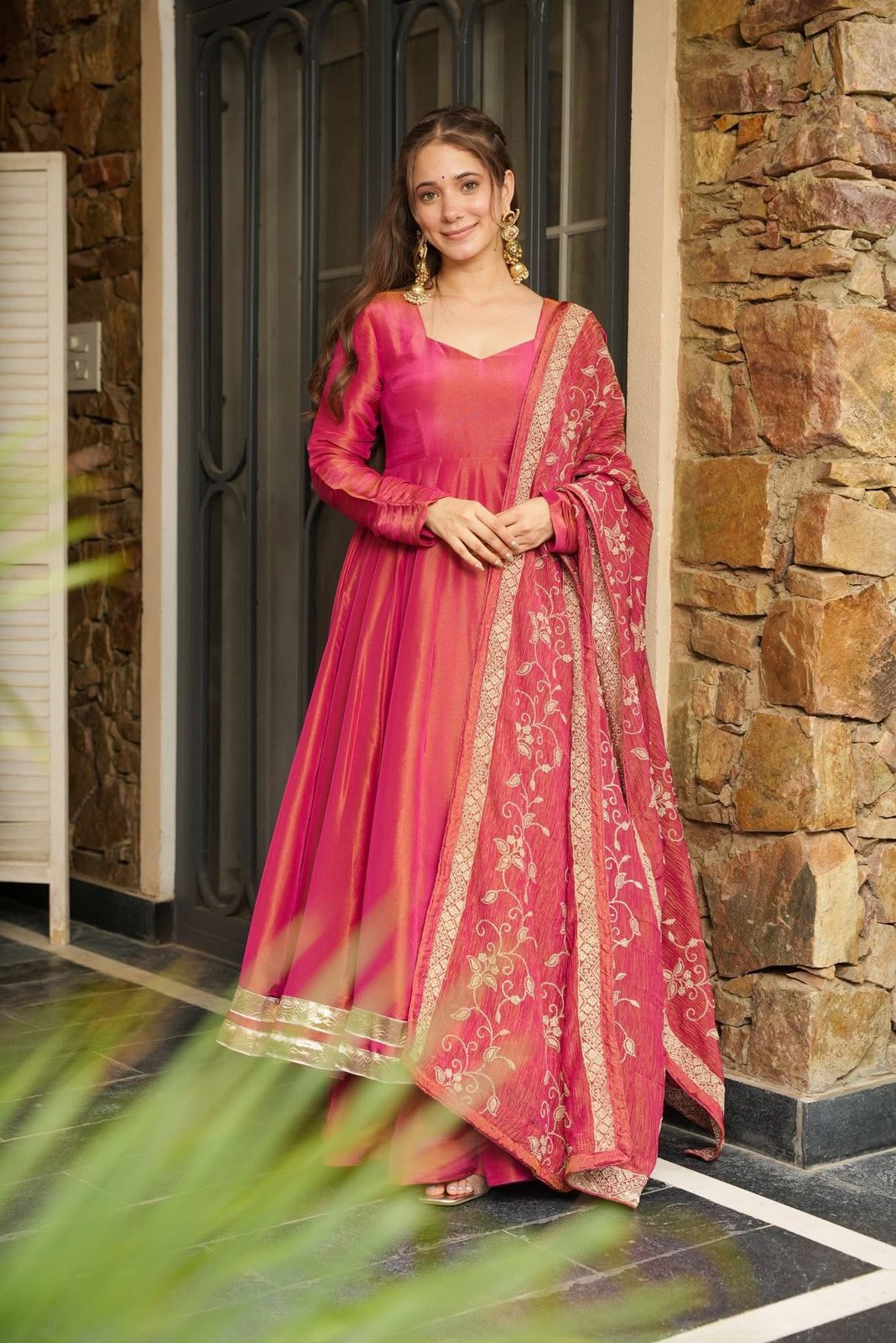 Rosewood Roman Shimmer Silk Embroidered Gown Palazzo Set