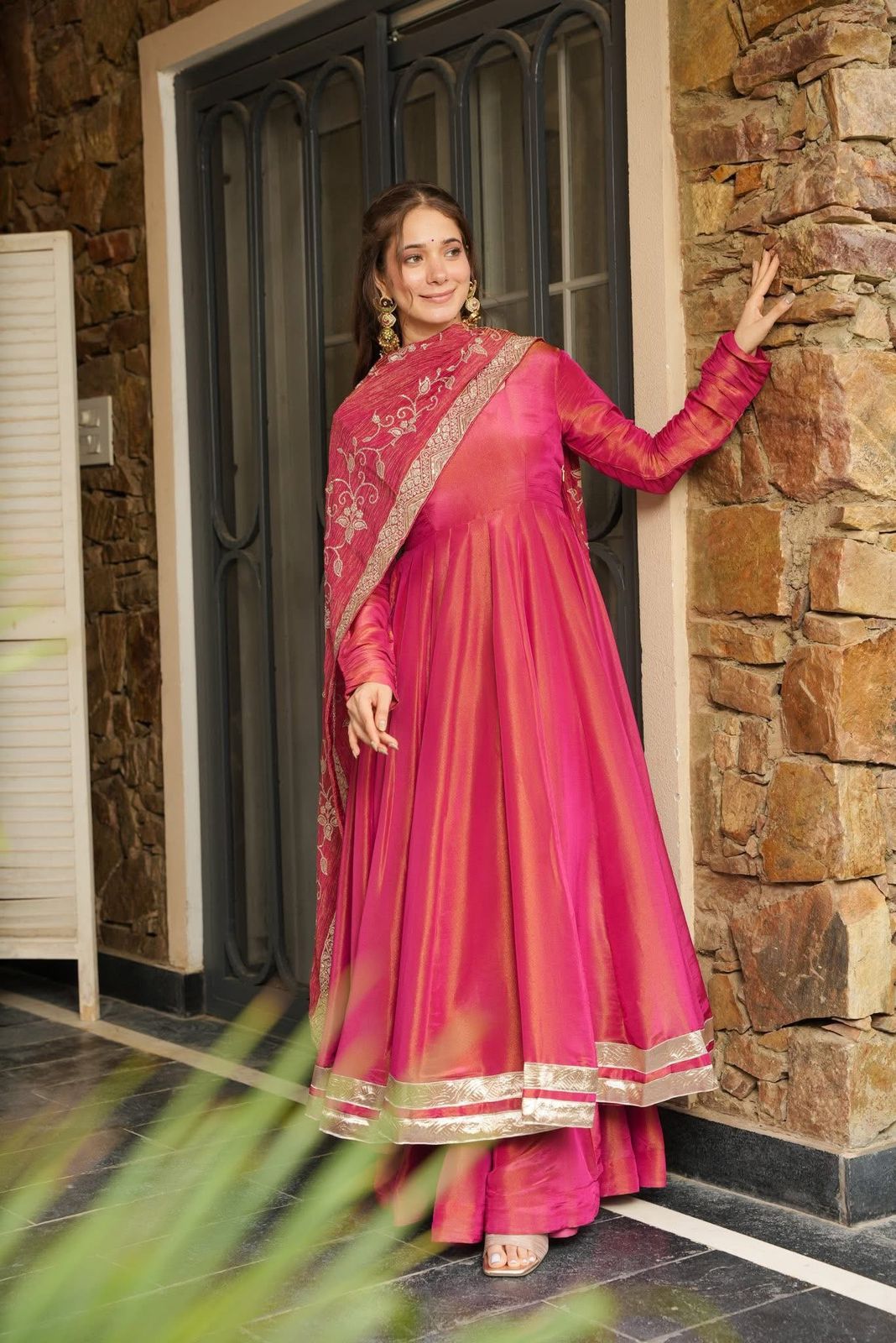 Rosewood Roman Shimmer Silk Embroidered Gown Palazzo Set