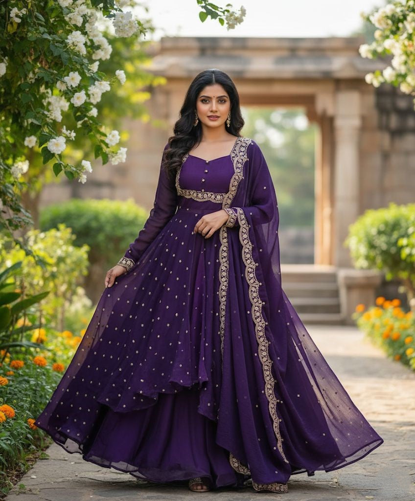 Royal Plum Faux Georgette Anarkali Suit Set