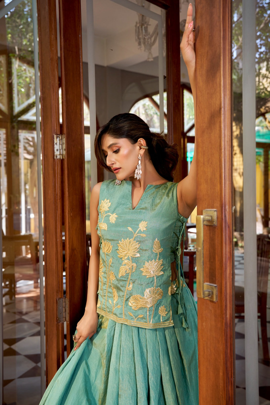Pure Shimmer Embroidered Lehenga Set with Overlay Top
