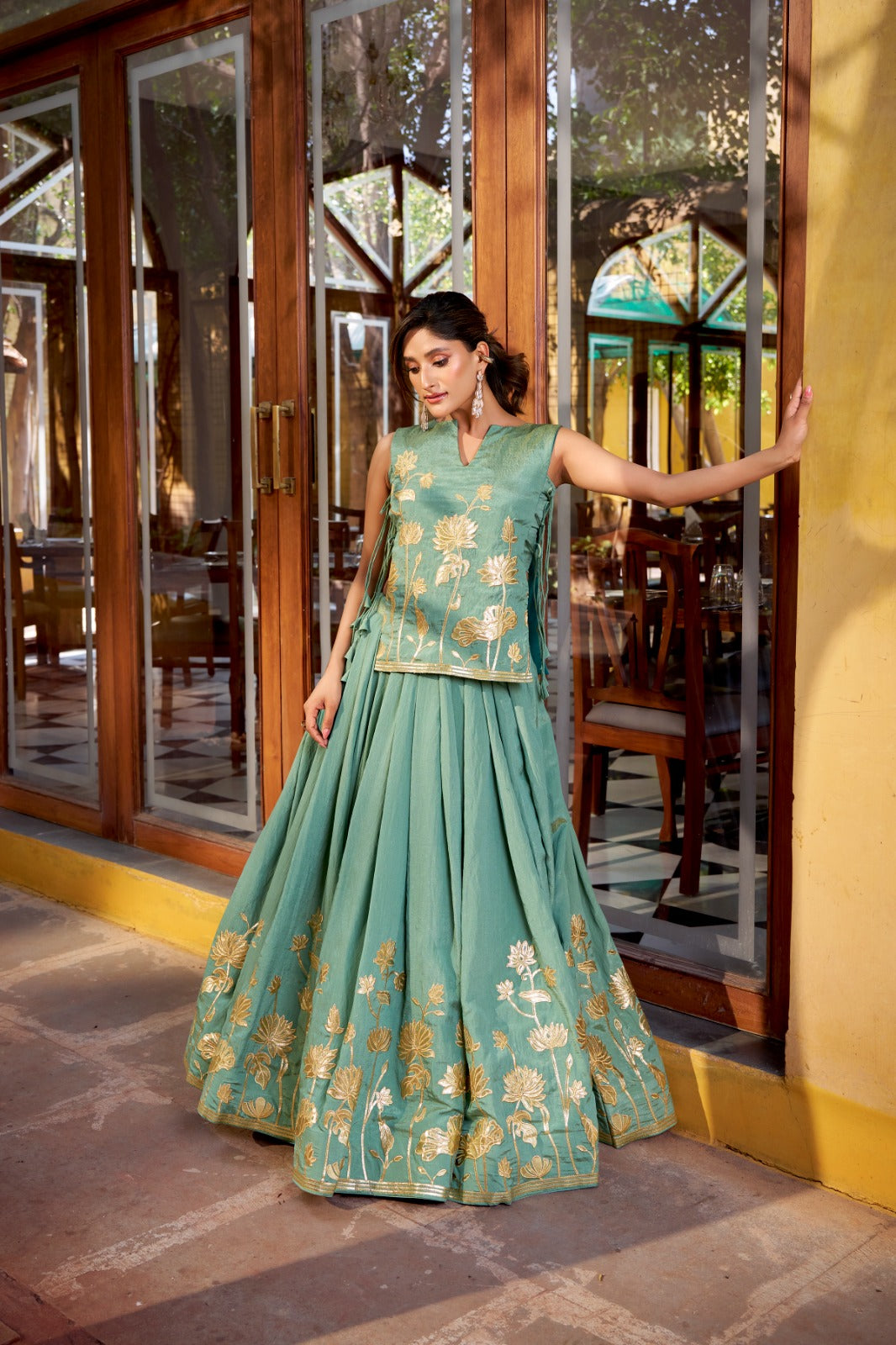 Pure Shimmer Embroidered Lehenga Set with Overlay Top