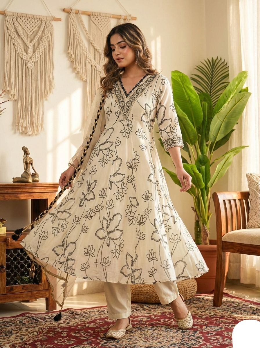 Ivory Bloom Digital Print Anarkali Salwar Suit Set