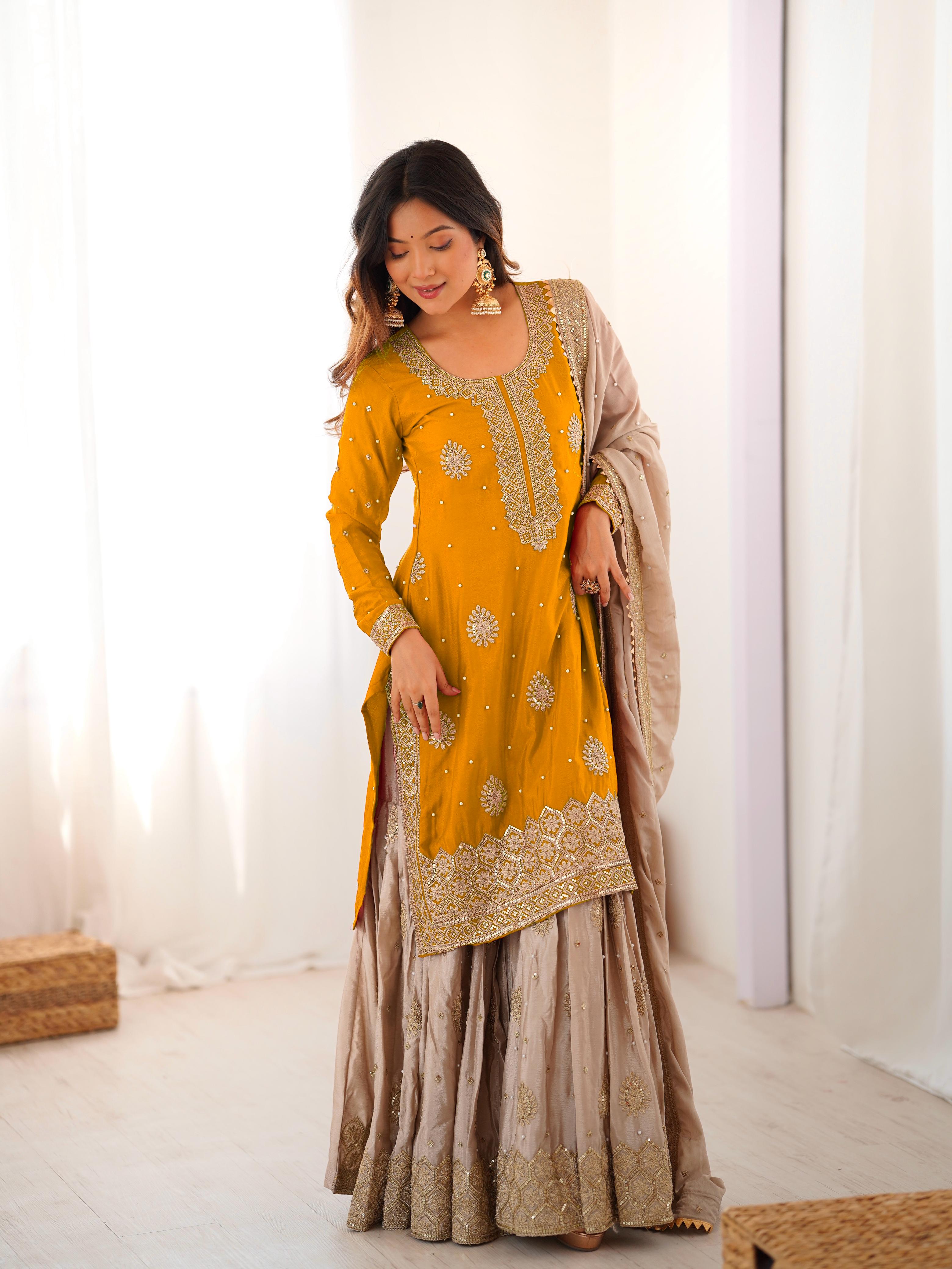 Chinon Silk Sequins Embellished Kurta Sharara Set with Dupatta
