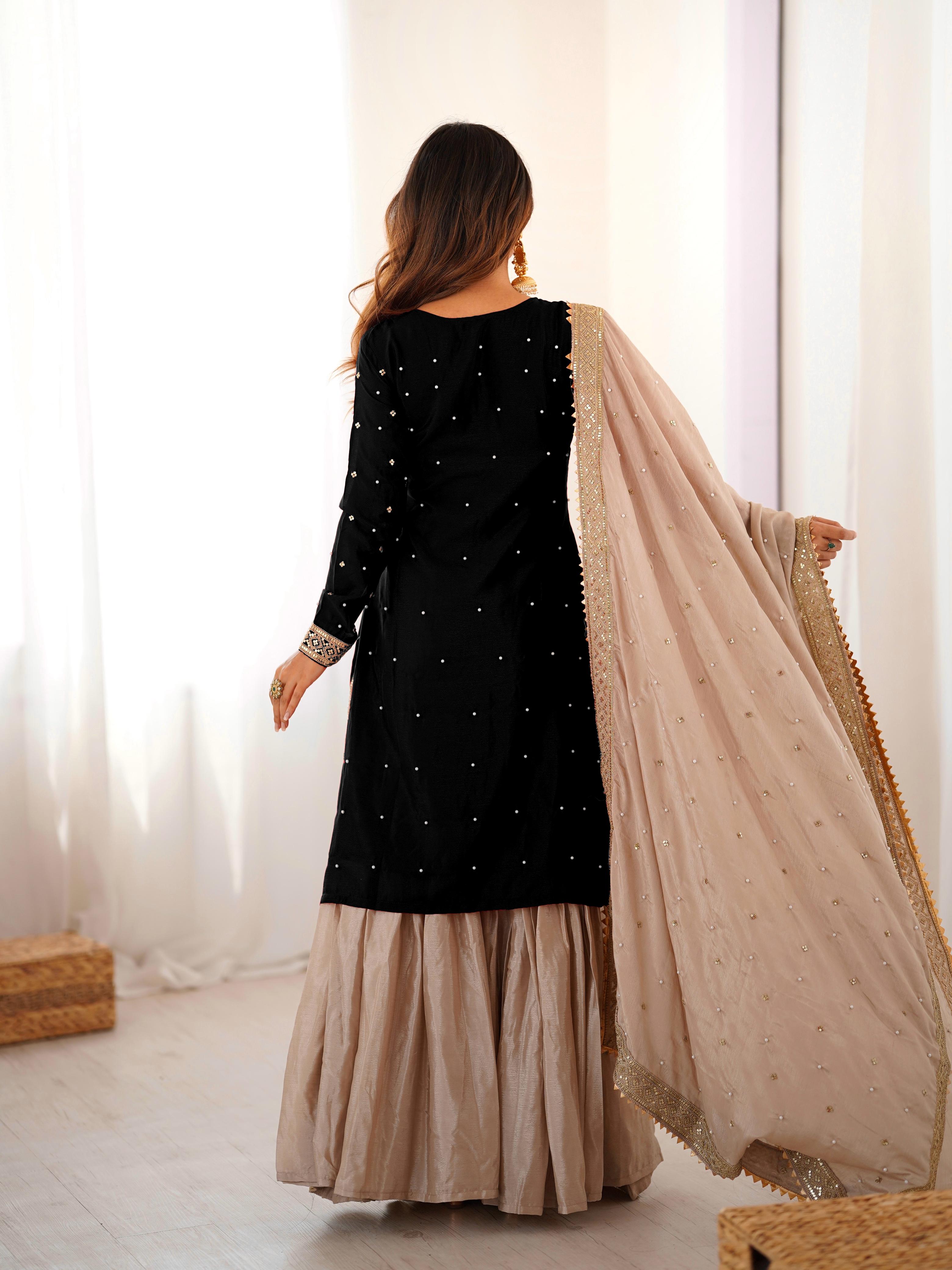 Chinon Silk Sequins Embellished Kurta Sharara Set with Dupatta
