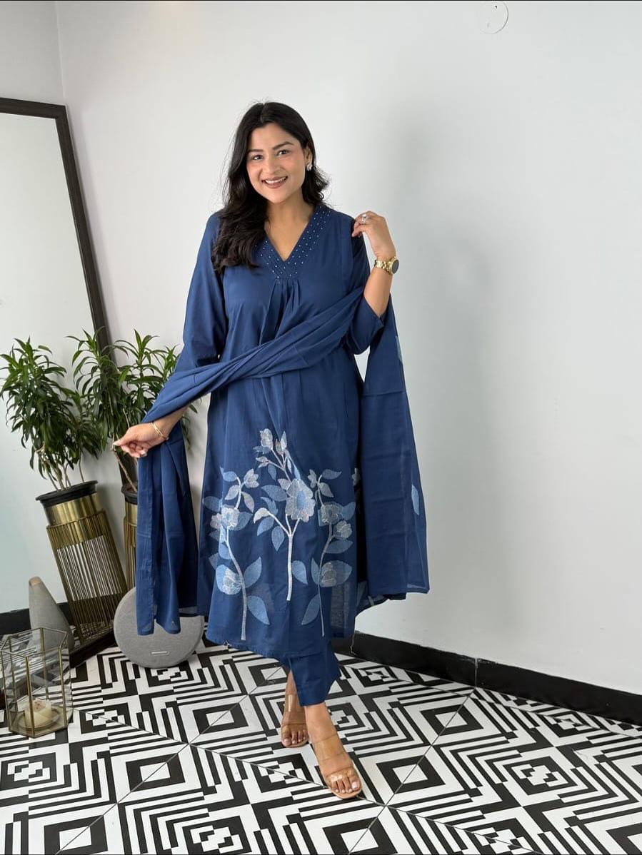 Festive Pure Cotton Kurti Pant Dupatta Set