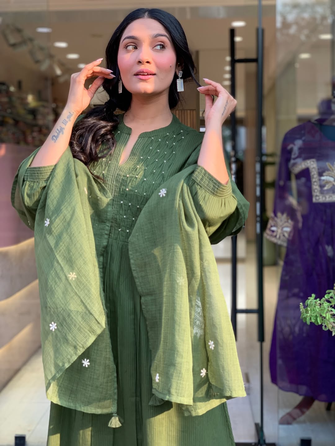 Green Velly Pure Cotton Kurta Pant Dupatta Set