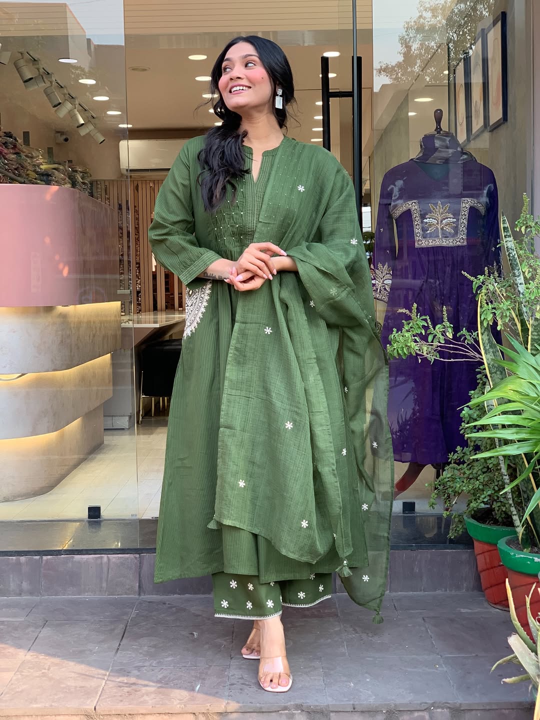 Green Velly Pure Cotton Kurta Pant Dupatta Set