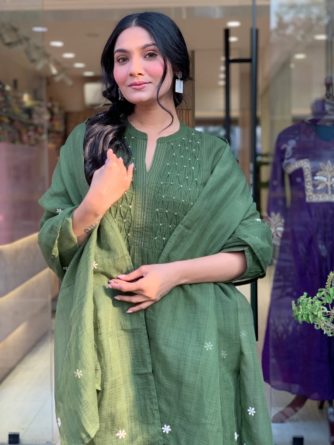 Green Velly Pure Cotton Kurta Pant Dupatta Set