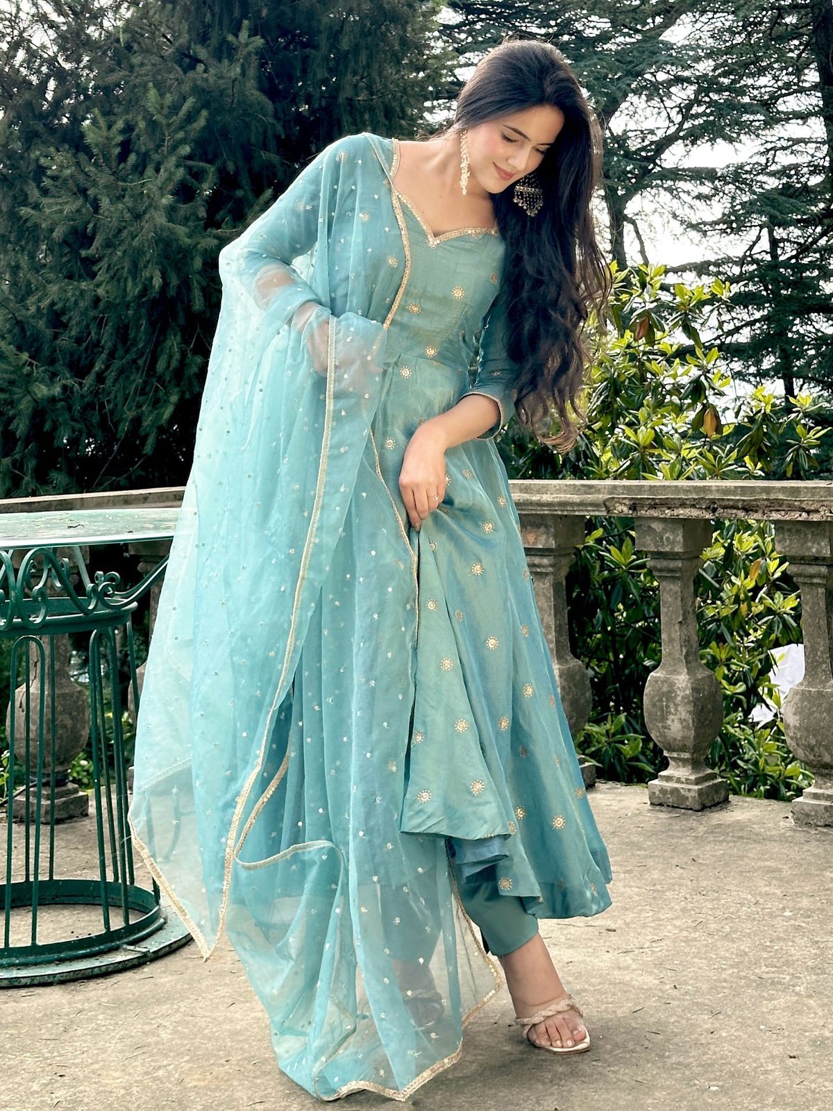 Aqua Celeste Embroidered Gown Set