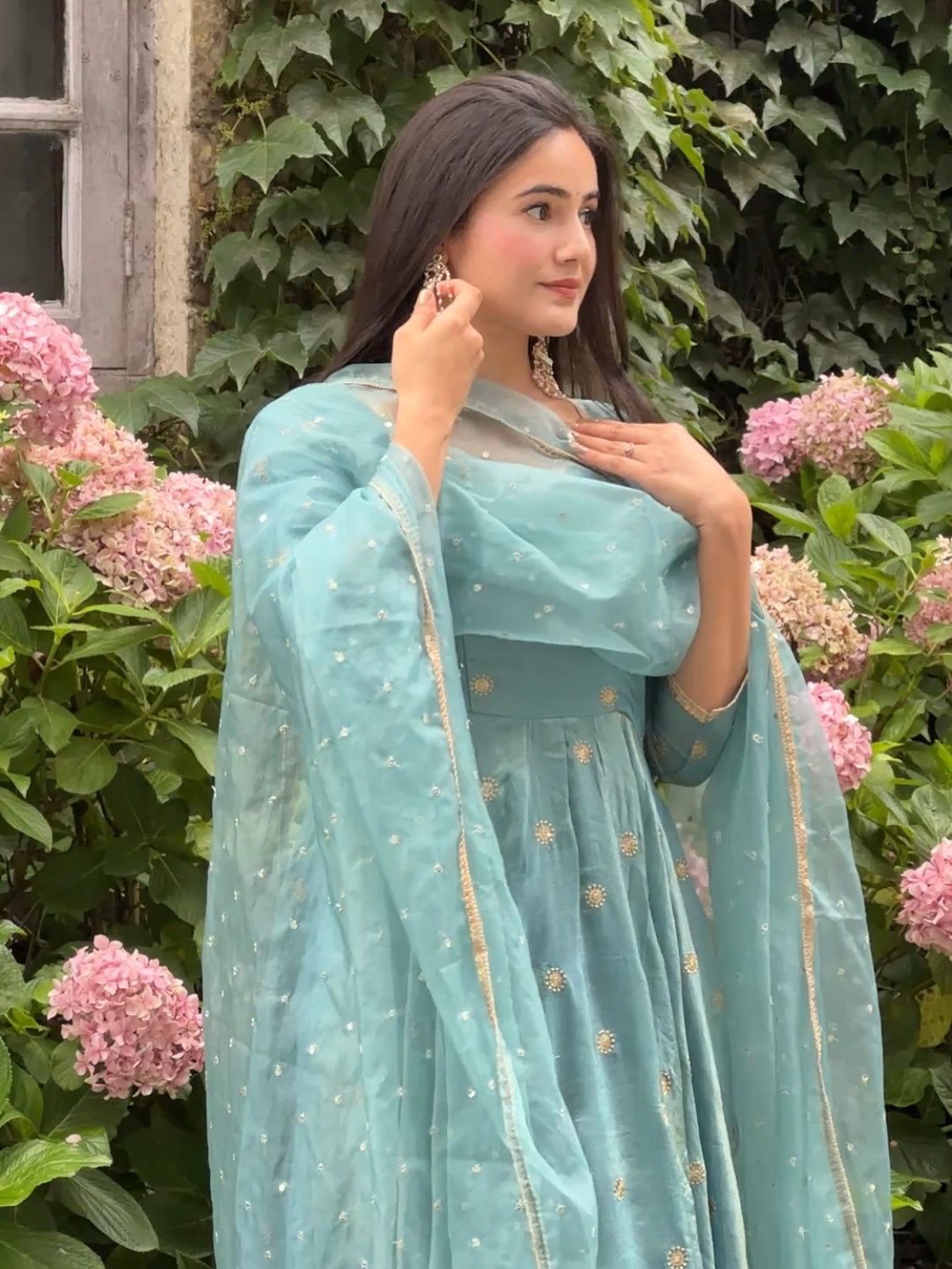 Aqua Celeste Embroidered Gown Set