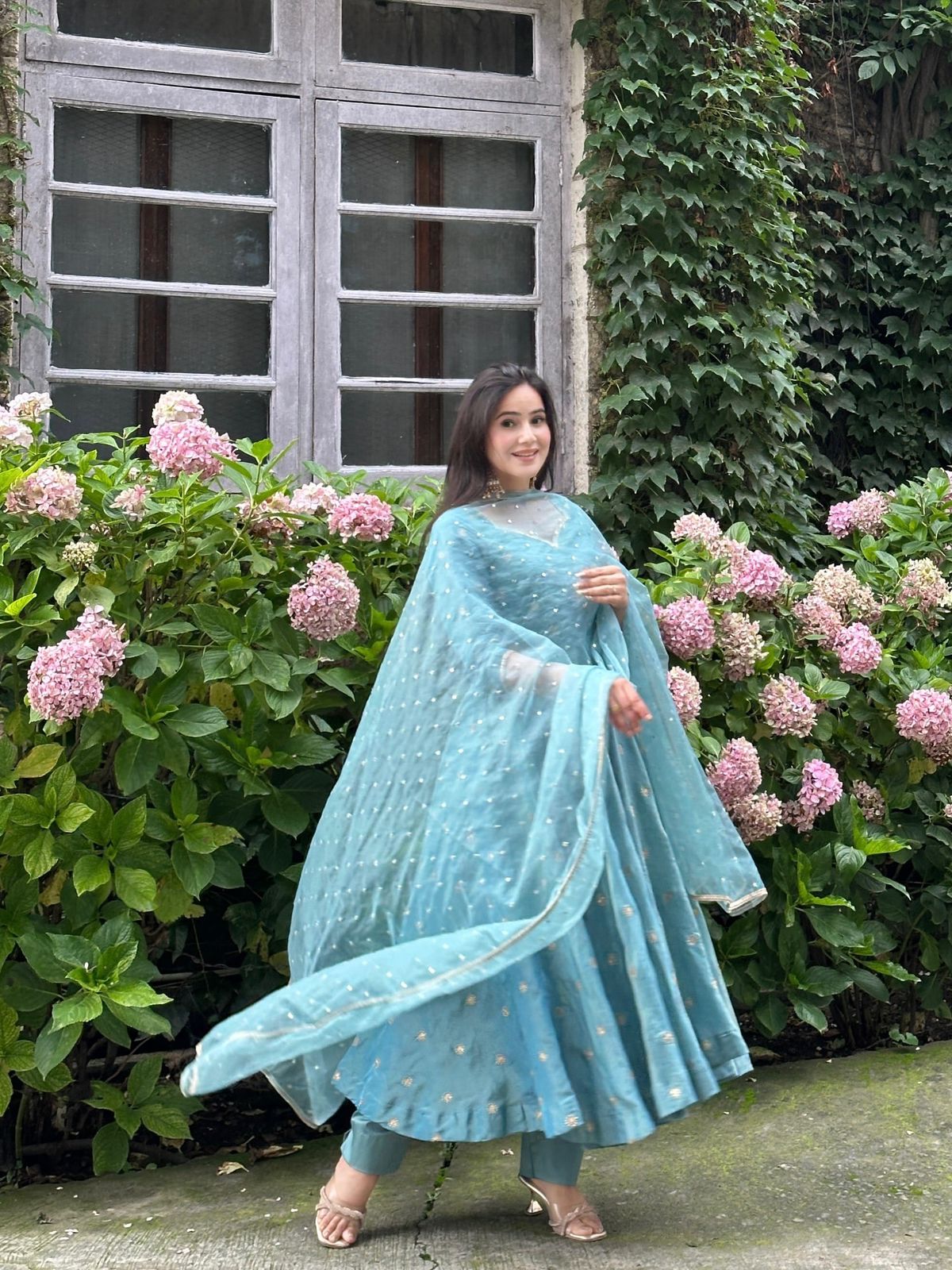 Aqua Celeste Embroidered Gown Set