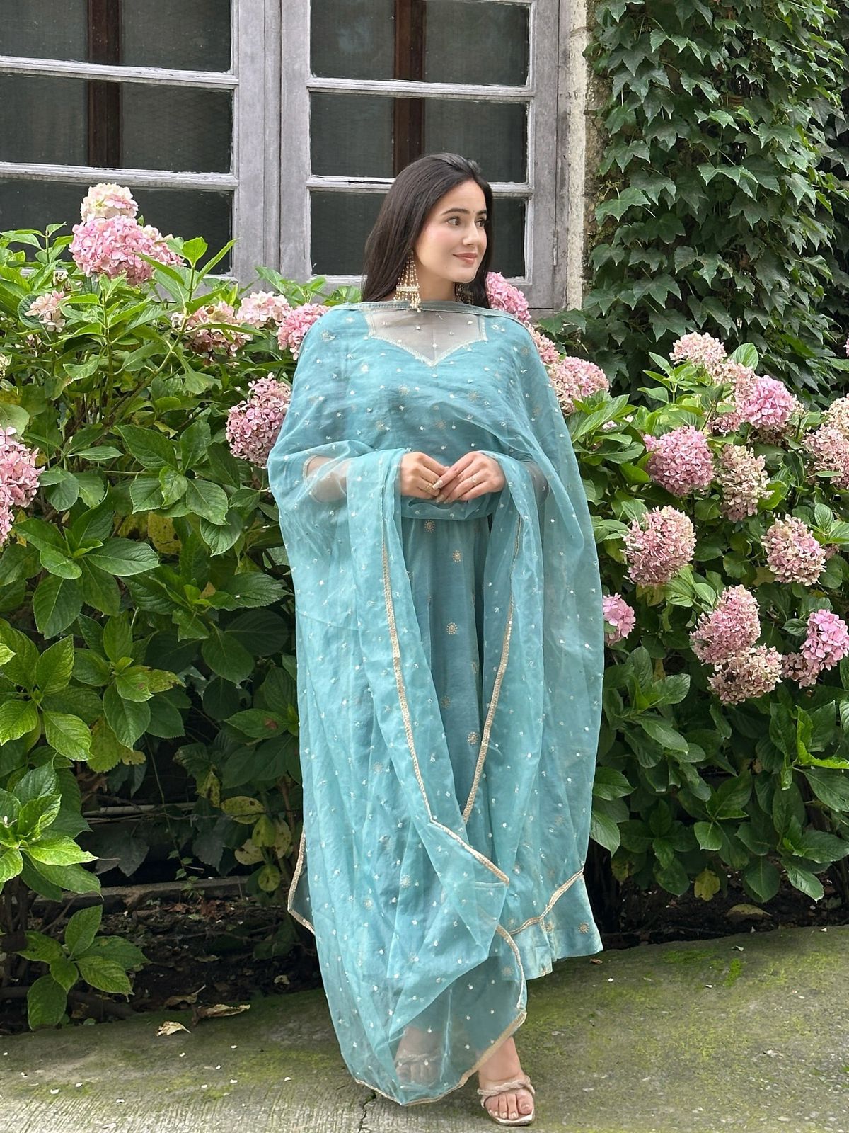Aqua Celeste Embroidered Gown Set