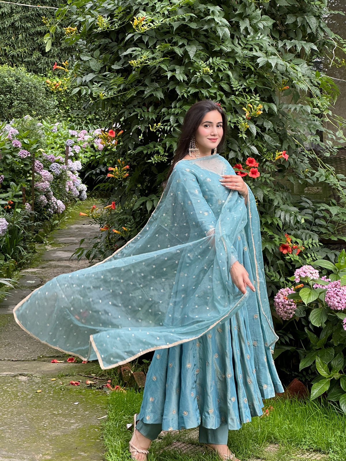 Aqua Celeste Embroidered Gown Set