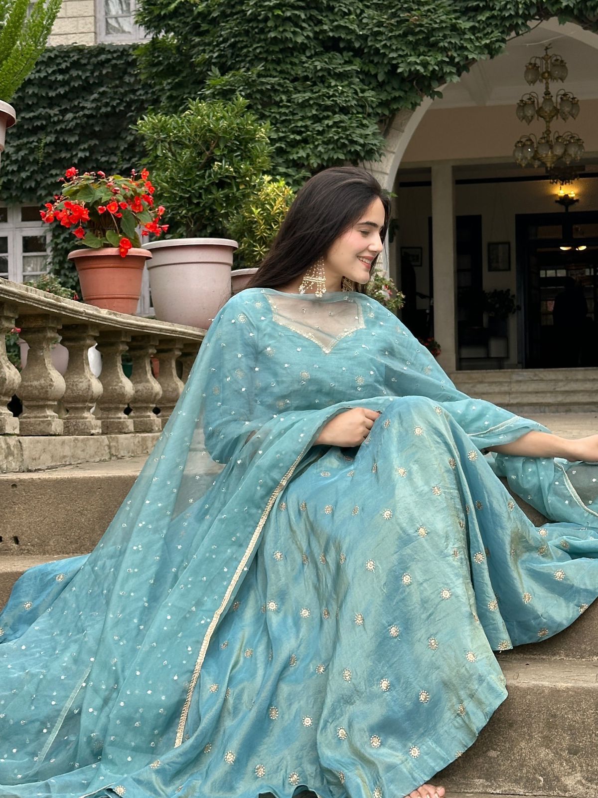 Aqua Celeste Embroidered Gown Set
