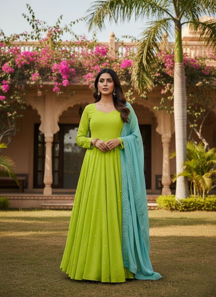 Lime Aura Silk Blend Anarkali Gown Set