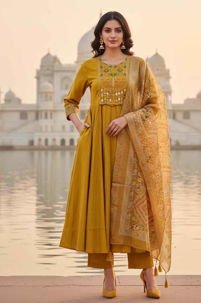 Mustard Royale Roman Silk Anarkali Suit Set