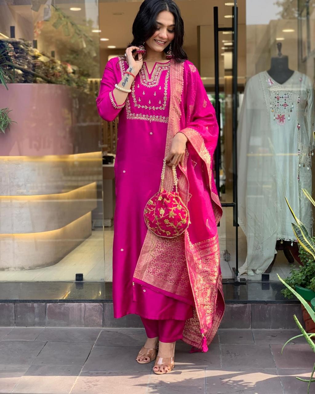 Fuchsia Elegance Silk Blend Kurta Palazzo Set