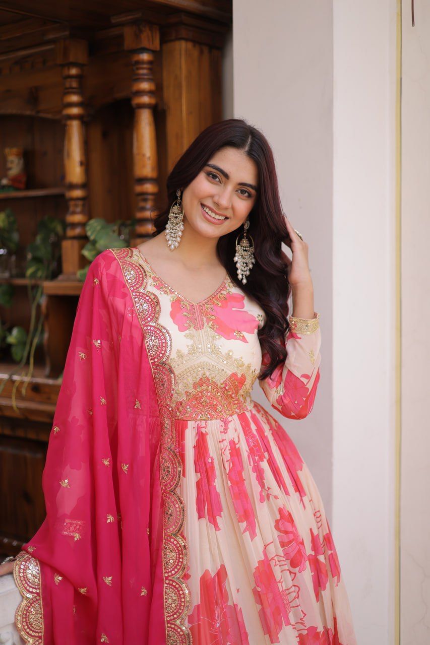 Floral Garden Russian Silk Anarkali Gown Set
