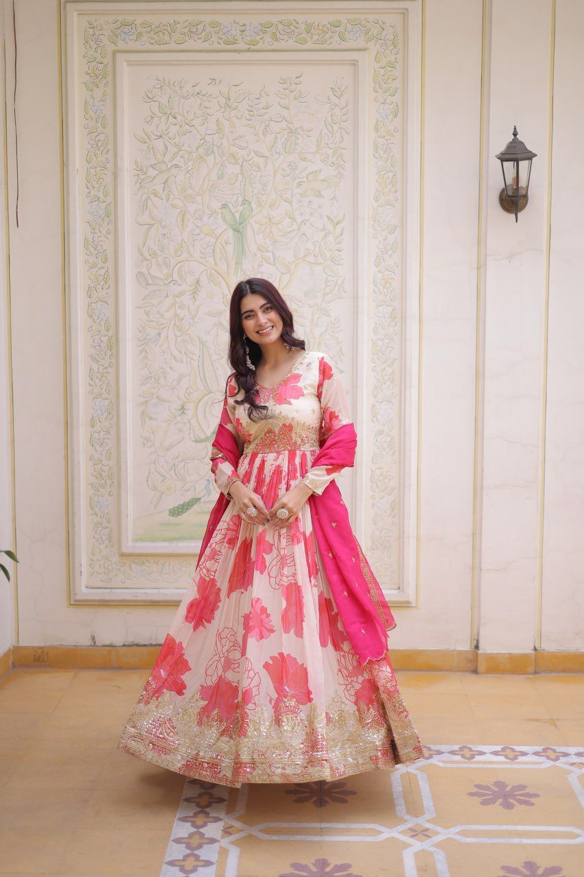Floral Garden Russian Silk Anarkali Gown Set
