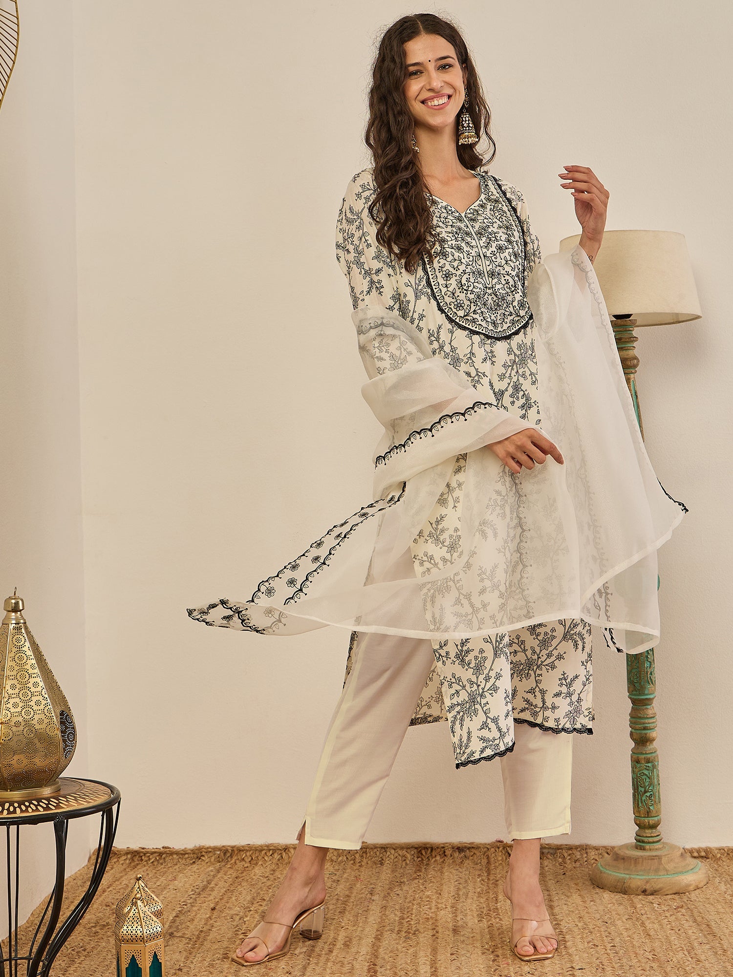 Ivory Floral Embroidered Kurti Set with Sheer Dupatta