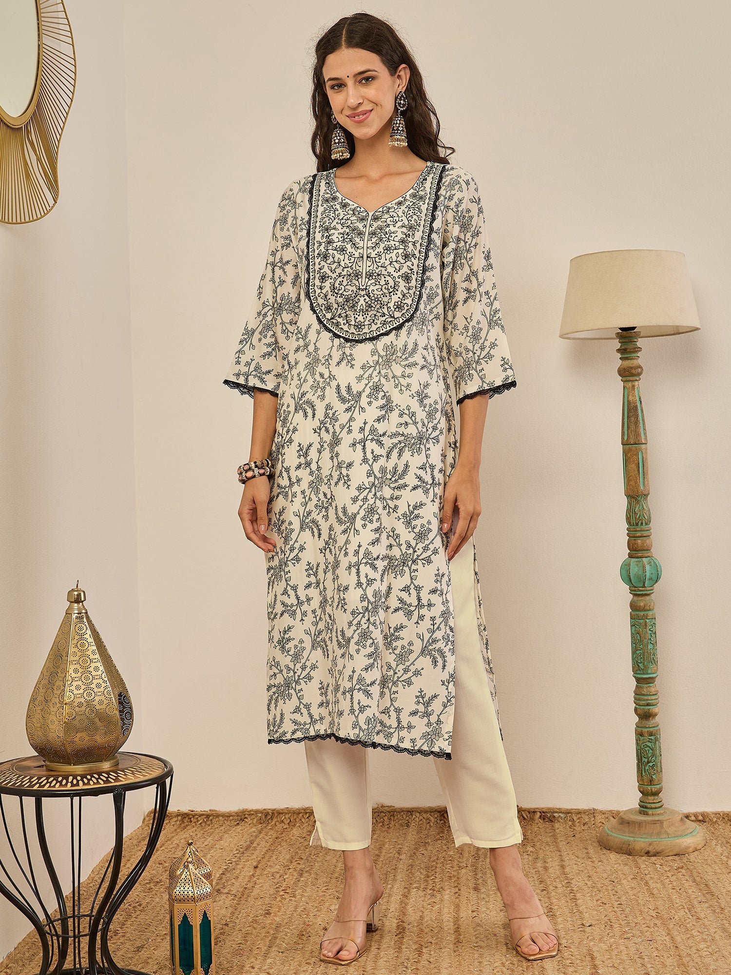 Ivory Floral Embroidered Kurti Set with Sheer Dupatta