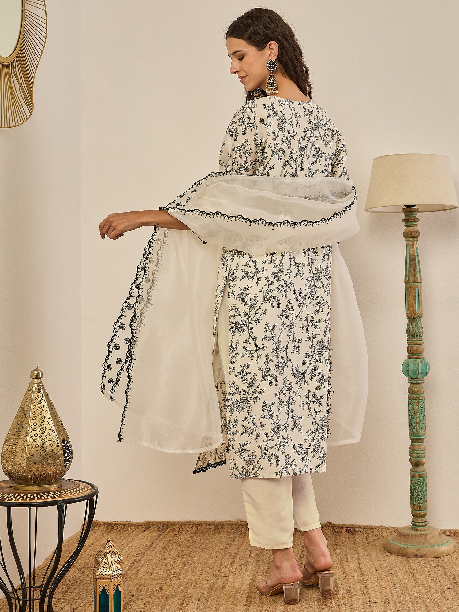 Ivory Floral Embroidered Kurti Set with Sheer Dupatta