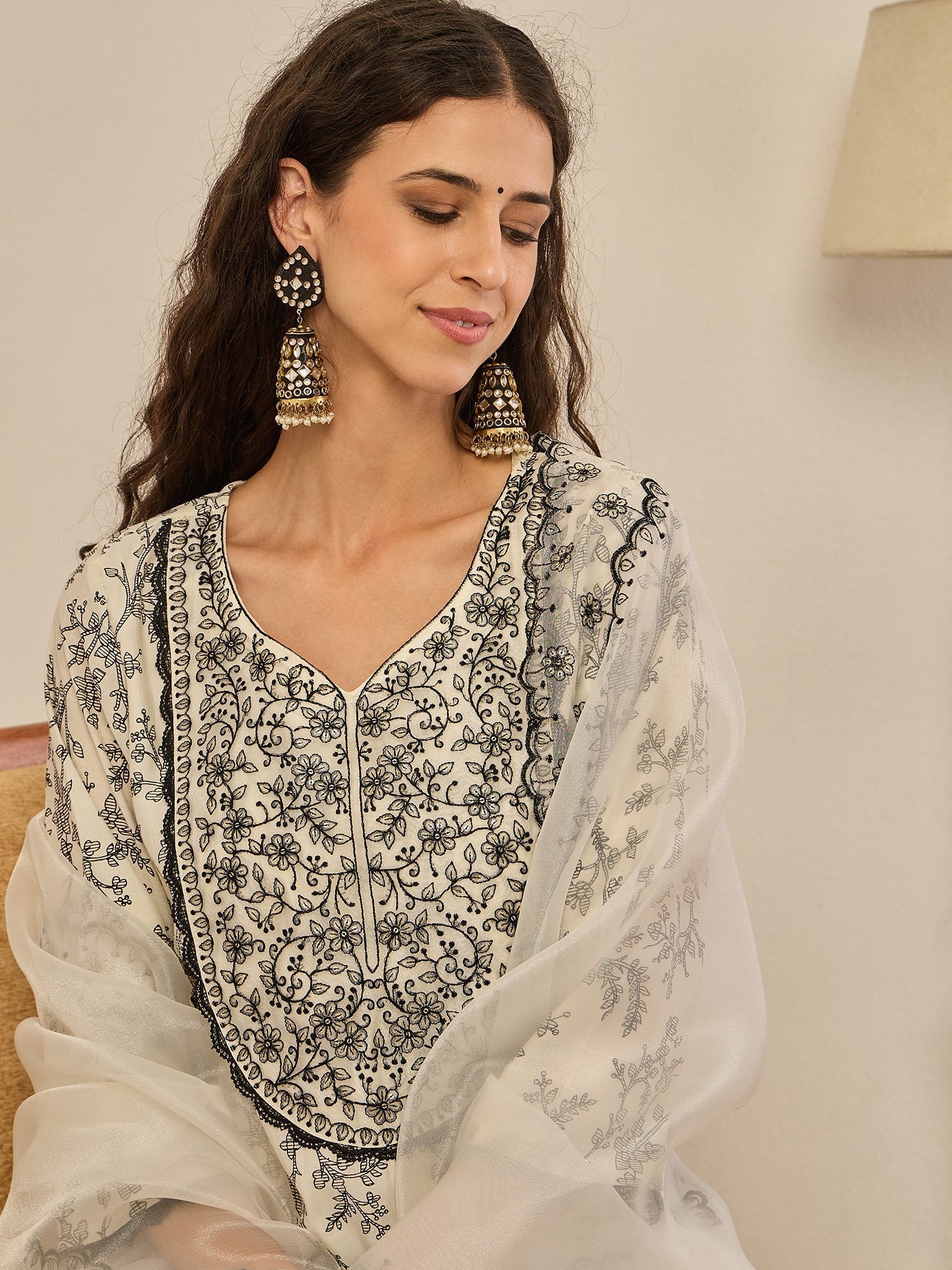 Ivory Floral Embroidered Kurti Set with Sheer Dupatta