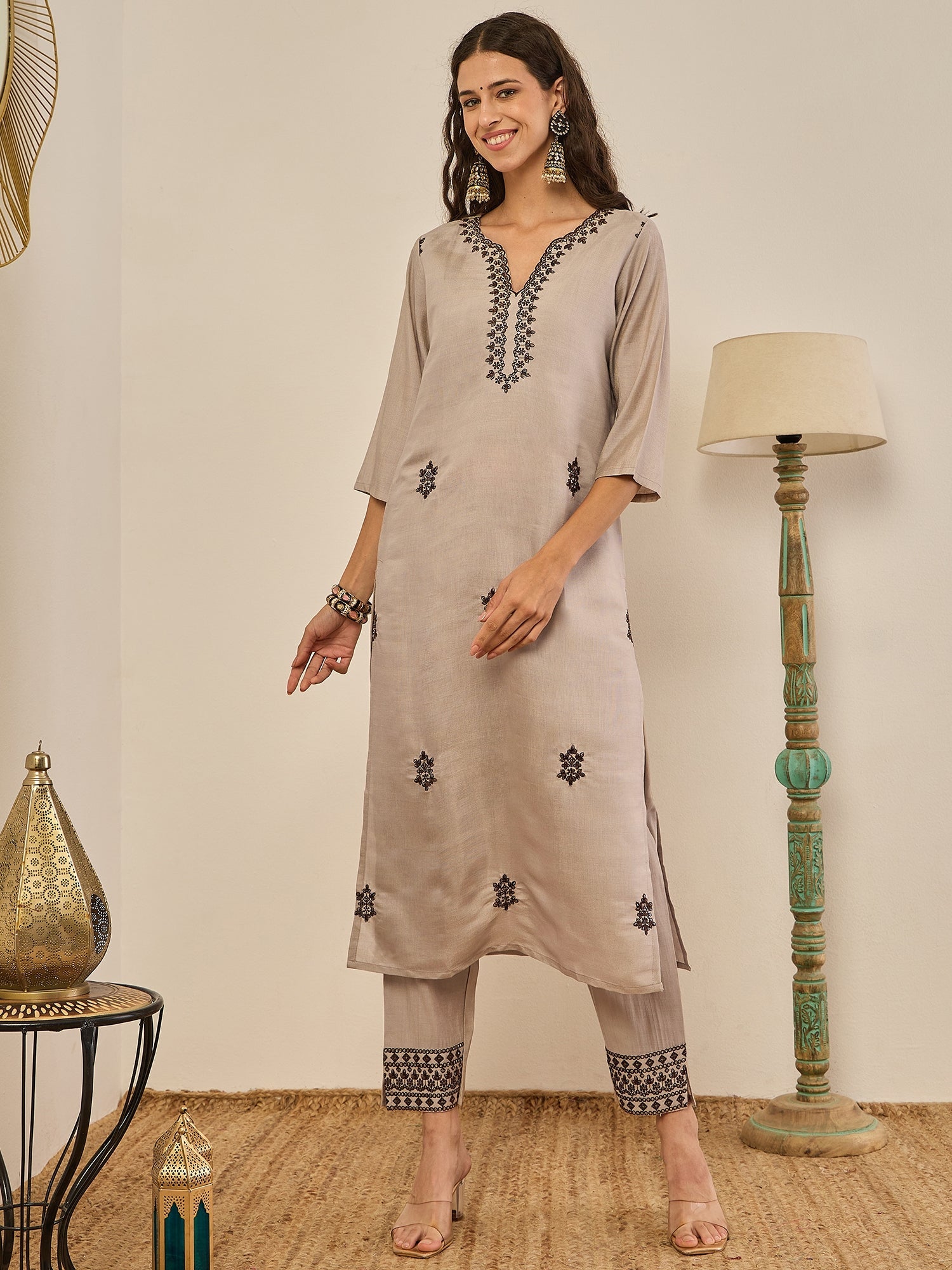 Ivory Beige Embroidered Kurti Set with Sheer Dupatta