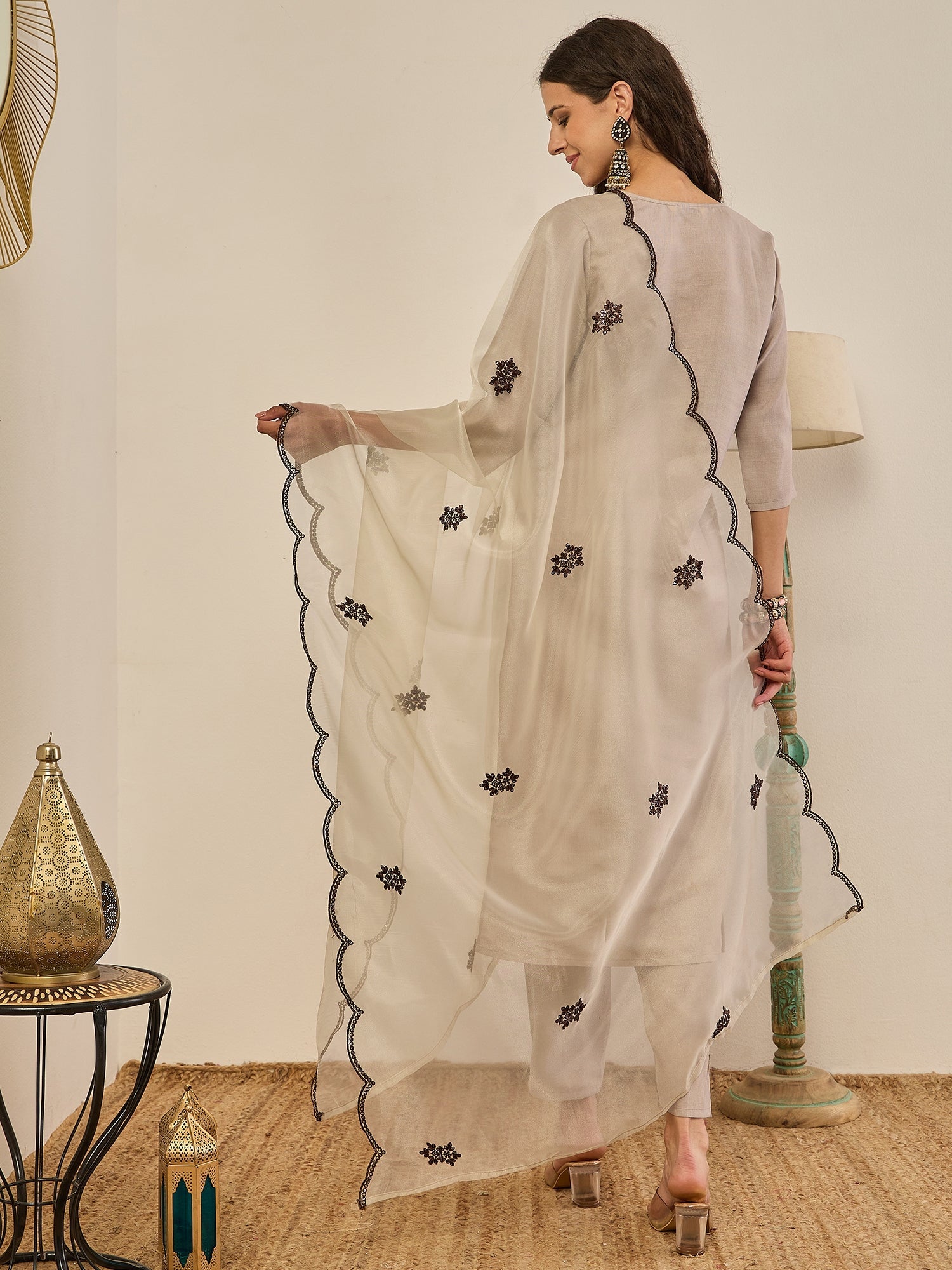 Ivory Beige Embroidered Kurti Set with Sheer Dupatta