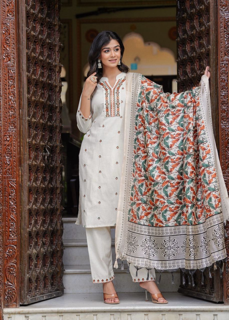 Cotton Embroidered Straight Kurti with Pant and Dupatta Set