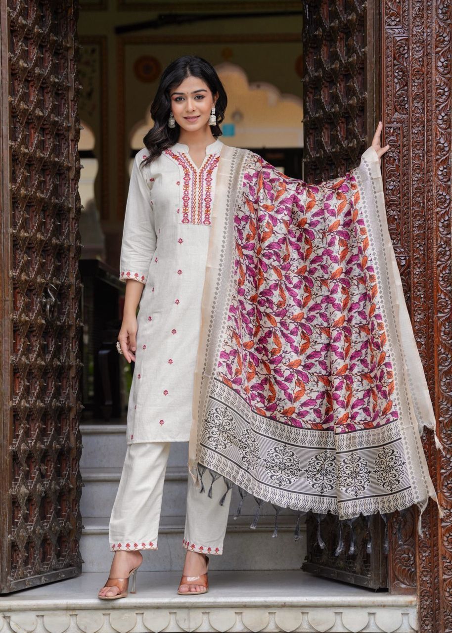 Cotton Embroidered Straight Kurti with Pant and Dupatta Set