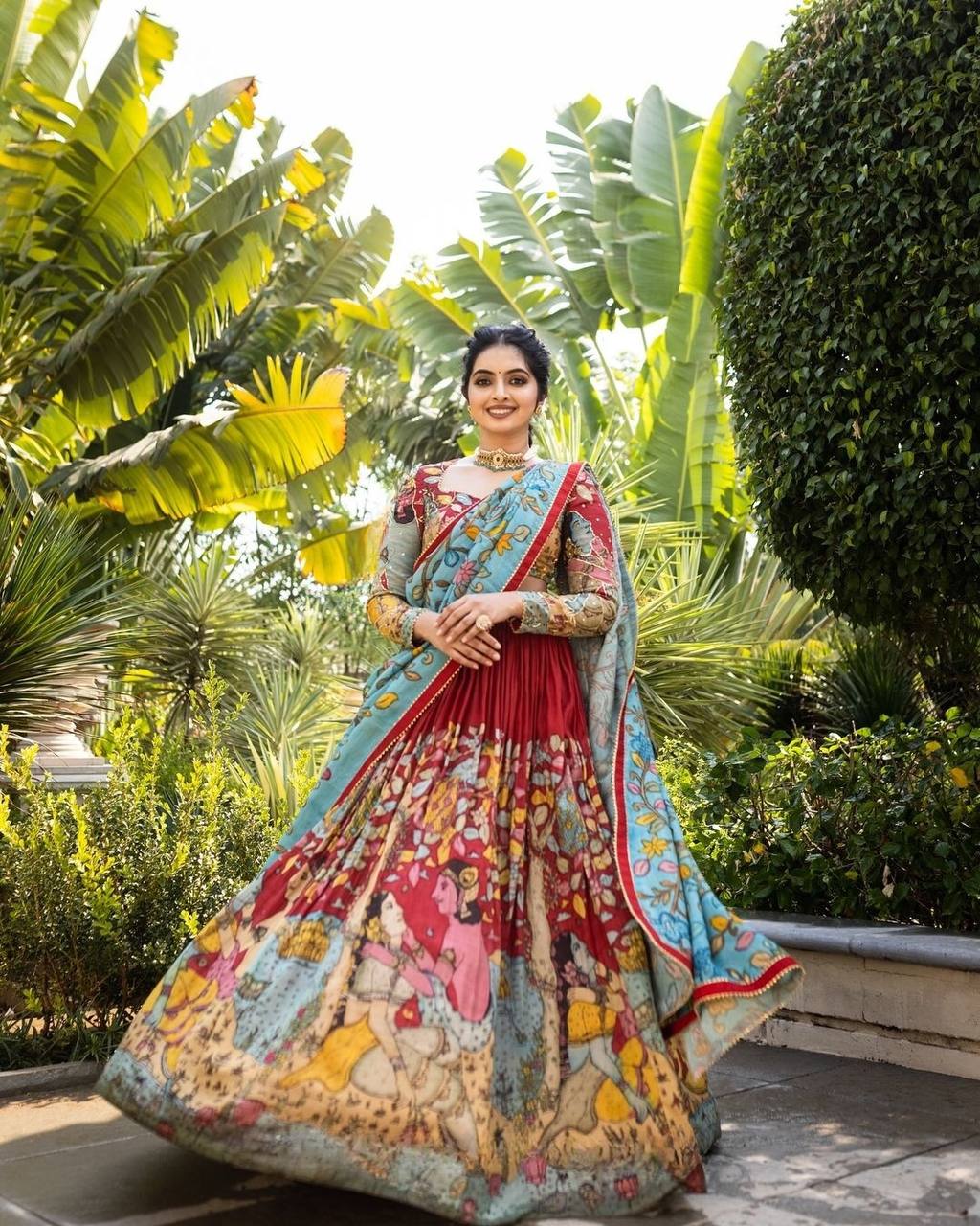 Crimson Red & Sky Blue Royal Heritage Kalamkari Lehenga Choli Set