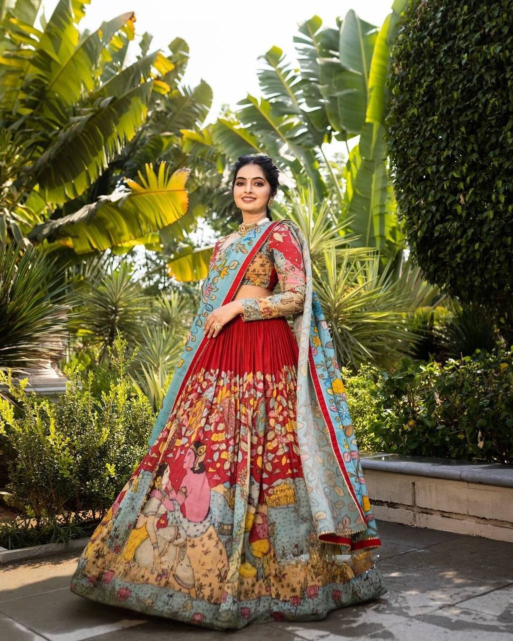 Crimson Red & Sky Blue Royal Heritage Kalamkari Lehenga Choli Set