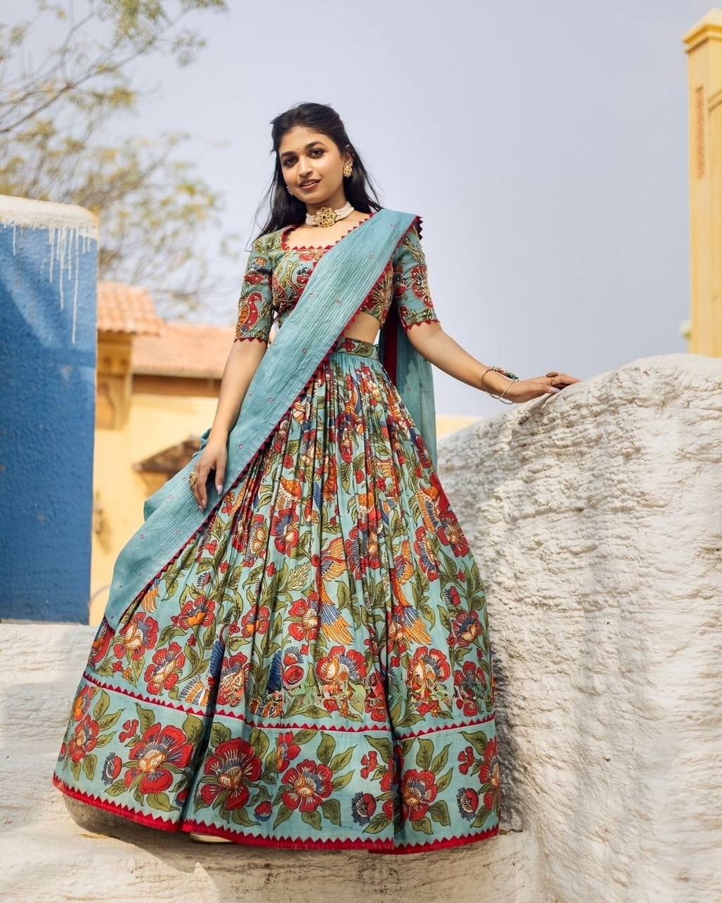 Aqua Blue & Rust Red Ethereal Bloom Kalamkari Lehenga Choli Set