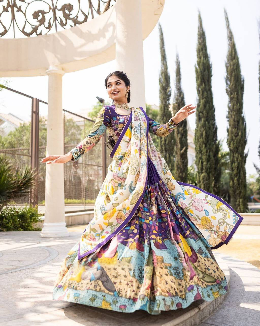 Royal Purple & Ivory Multi-Print Mystic Garden Illustrated Lehenga Choli Set