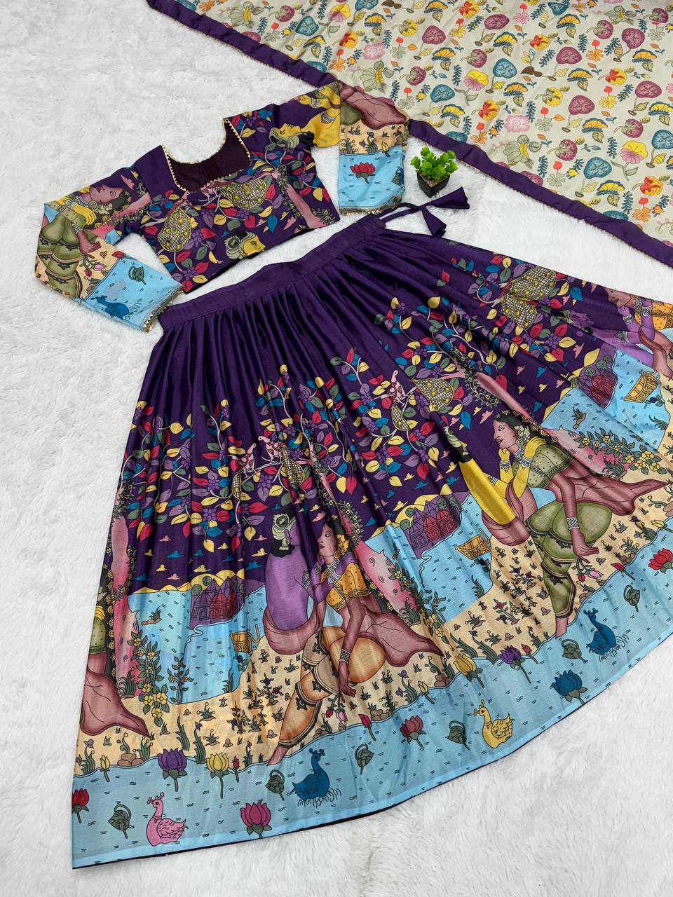 Royal Purple & Ivory Multi-Print Mystic Garden Illustrated Lehenga Choli Set