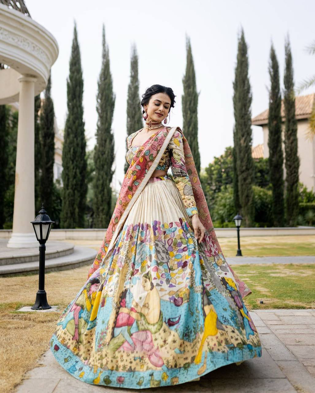 Ivory Cream & Aqua Blue Multi-Illustrated Eternal Tales Illustrated Lehenga Choli Set