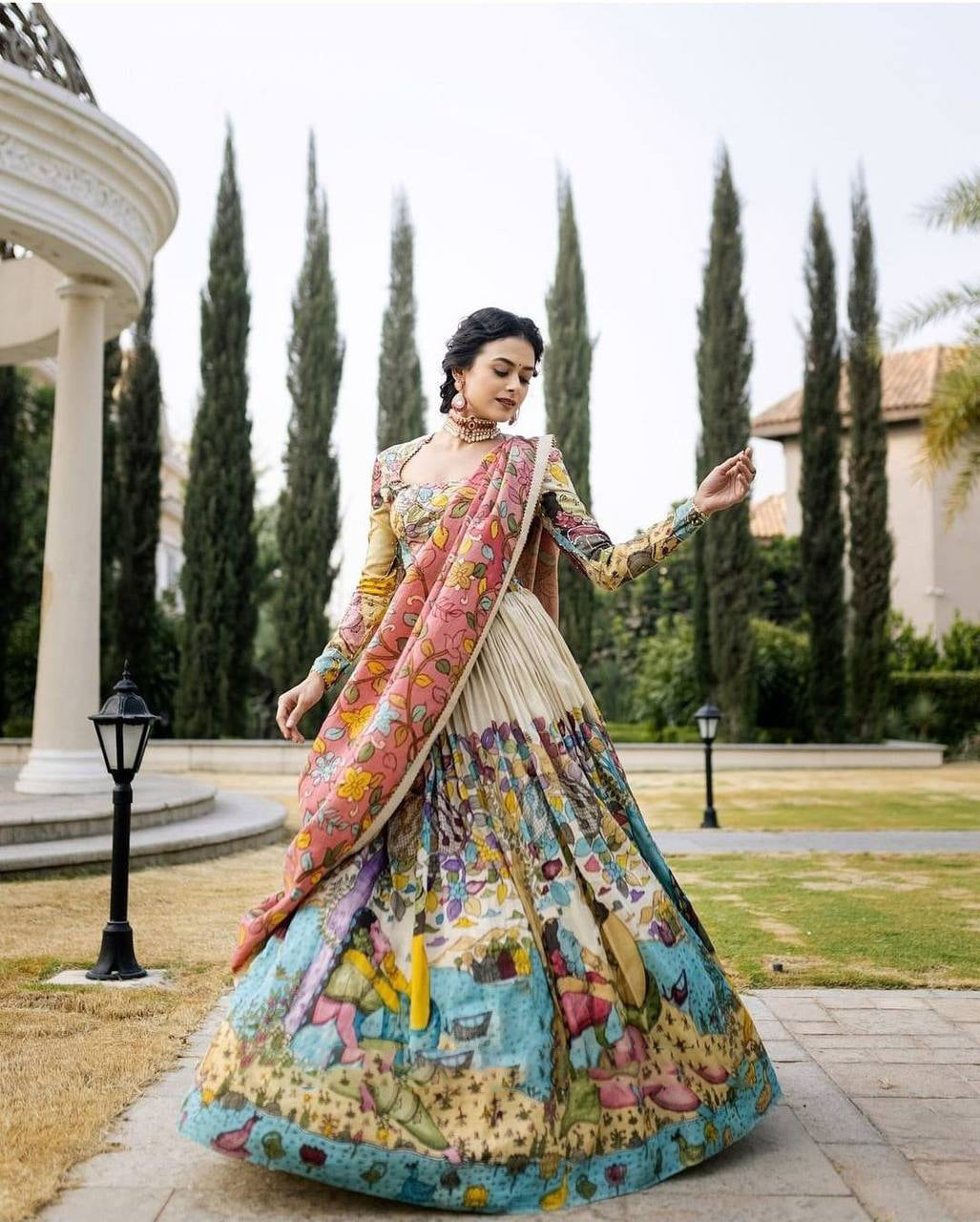 Ivory Cream & Aqua Blue Multi-Illustrated Eternal Tales Illustrated Lehenga Choli Set