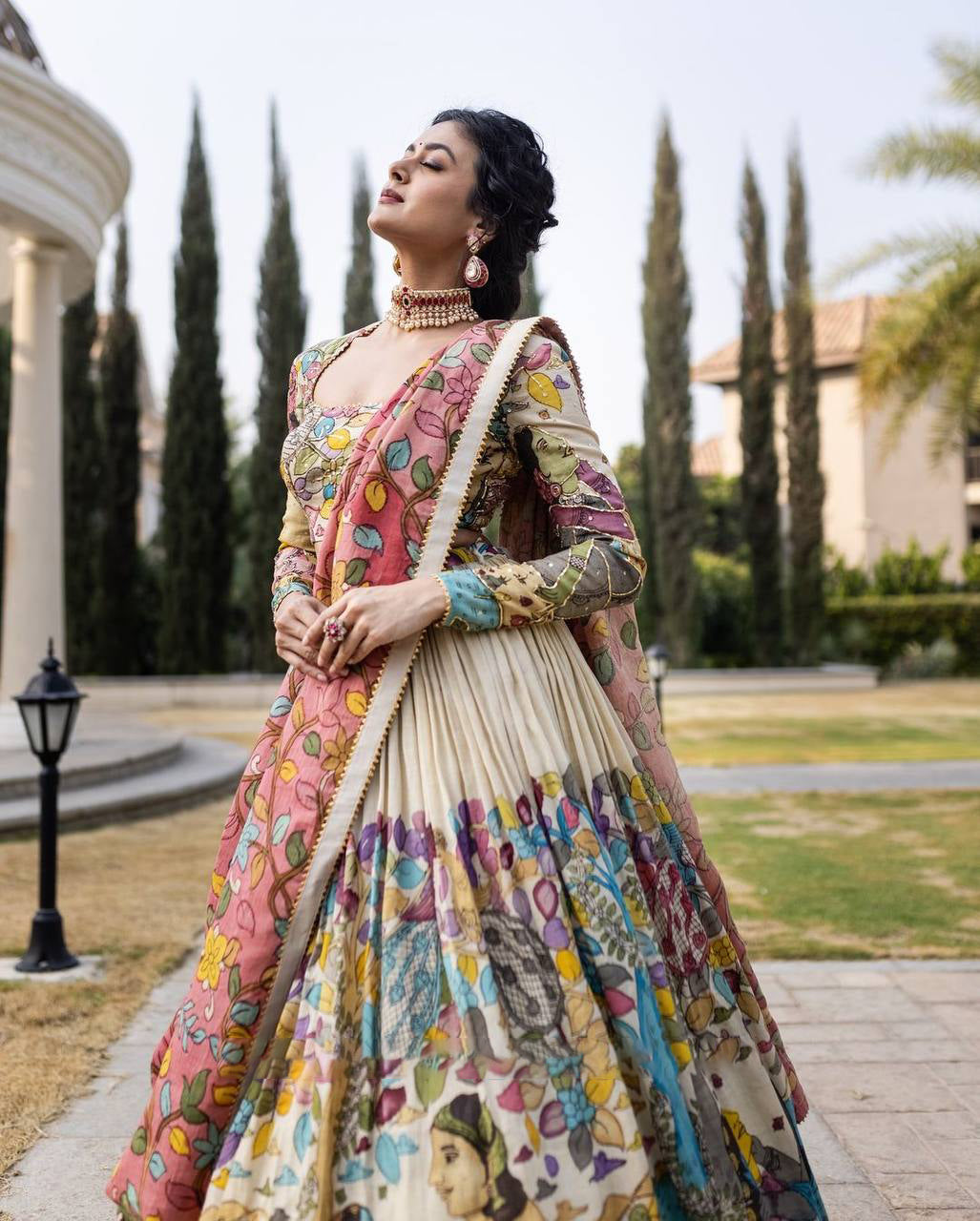 Ivory Cream & Aqua Blue Multi-Illustrated Eternal Tales Illustrated Lehenga Choli Set