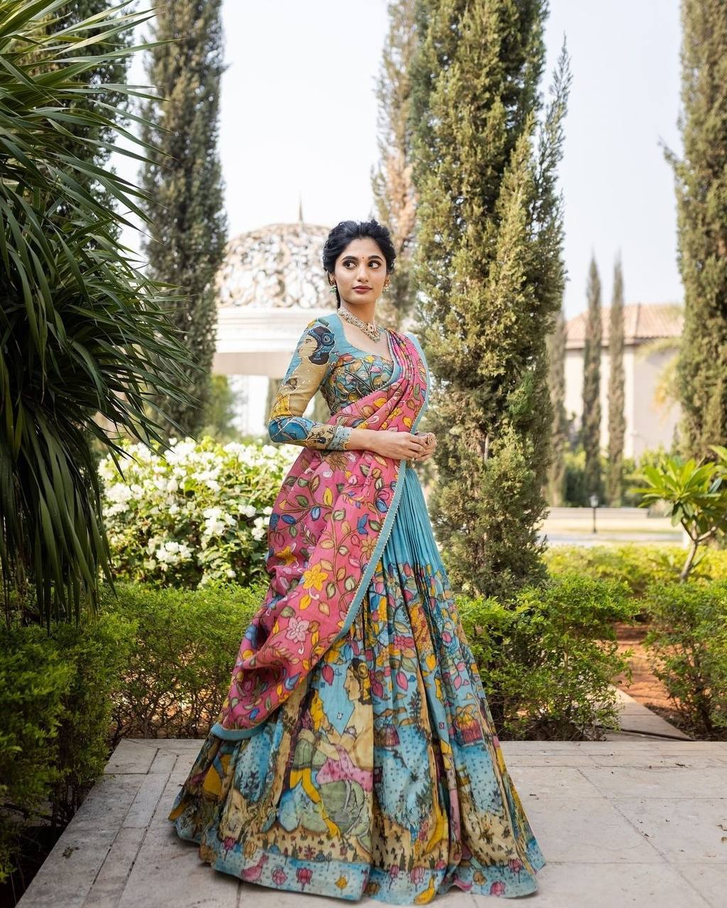 Peacock Teal & Rose Bloom Kalamkari Art Lehenga Choli Set